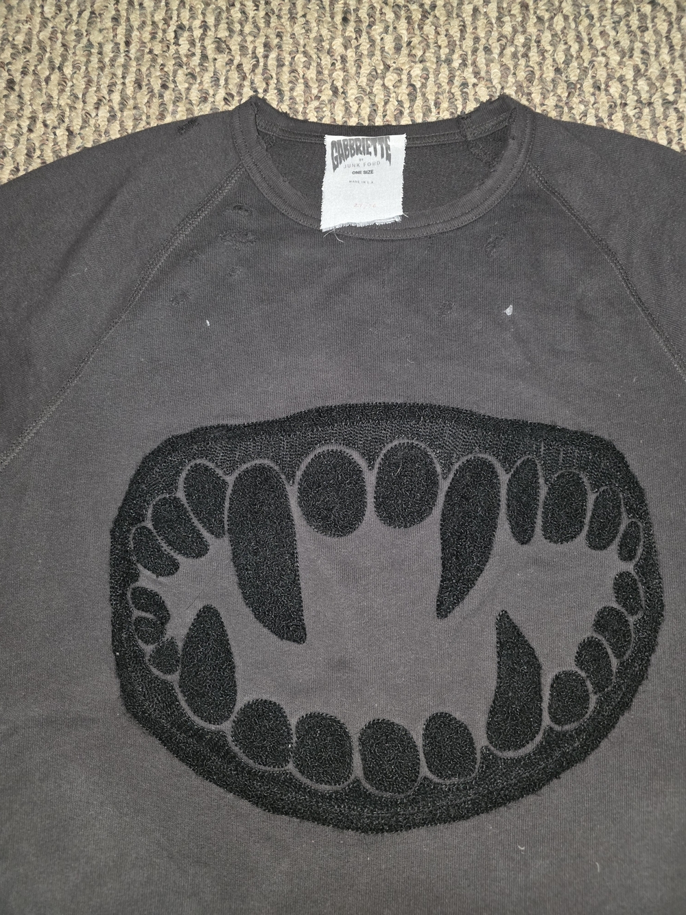 Y2k Junk Foods Black Sweatshirt with Embroidered Fang Mouth Graphic
